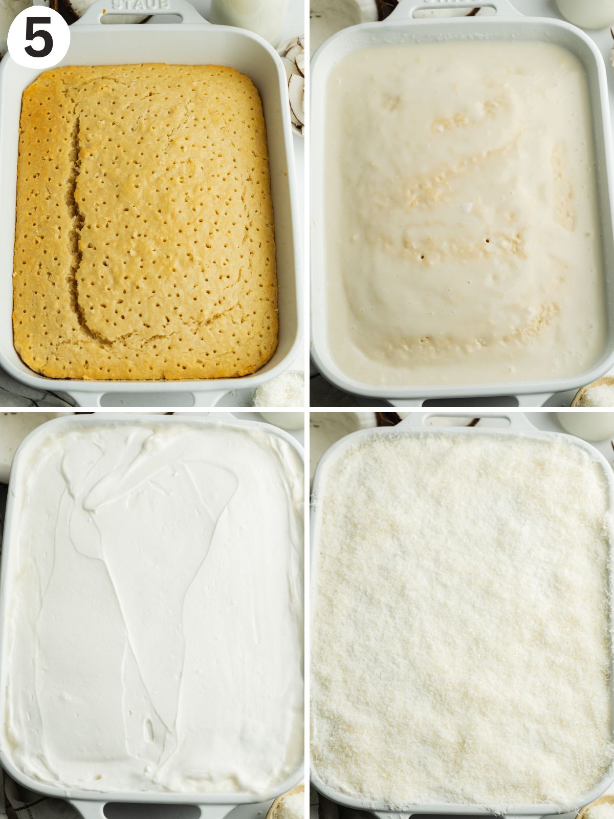 stages of soaking a coconut tres leches cake.