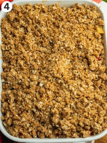 apple crisp in a staub pan before baking.