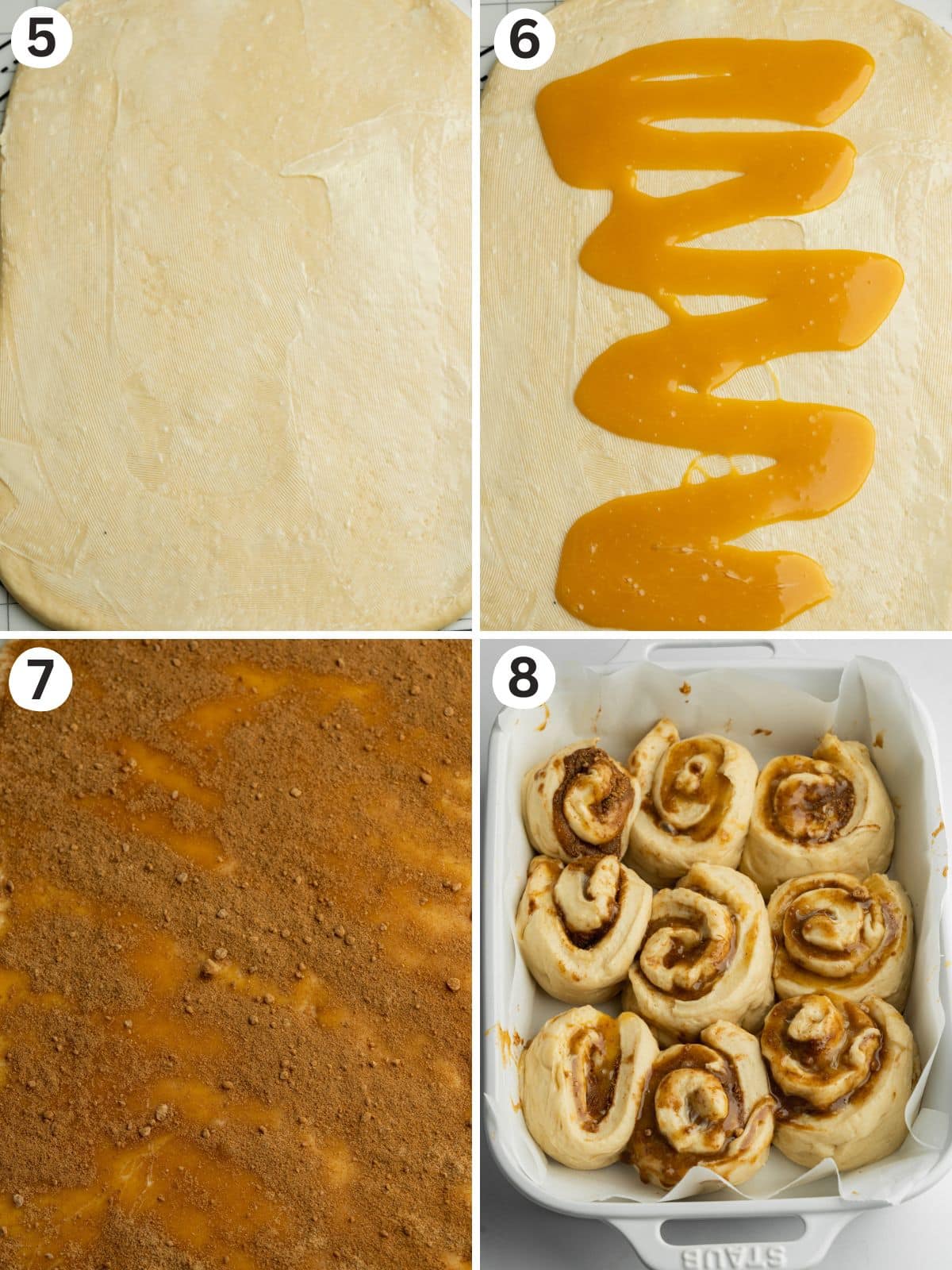 rolled out dough with butter, dulce de leche and cinnamon before rolling into buns in a pan.