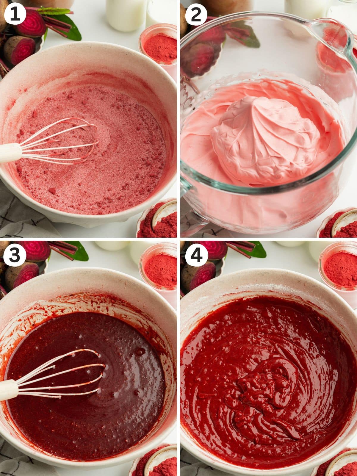 stages of red velvet cake batter being made in a ceramic bowl.