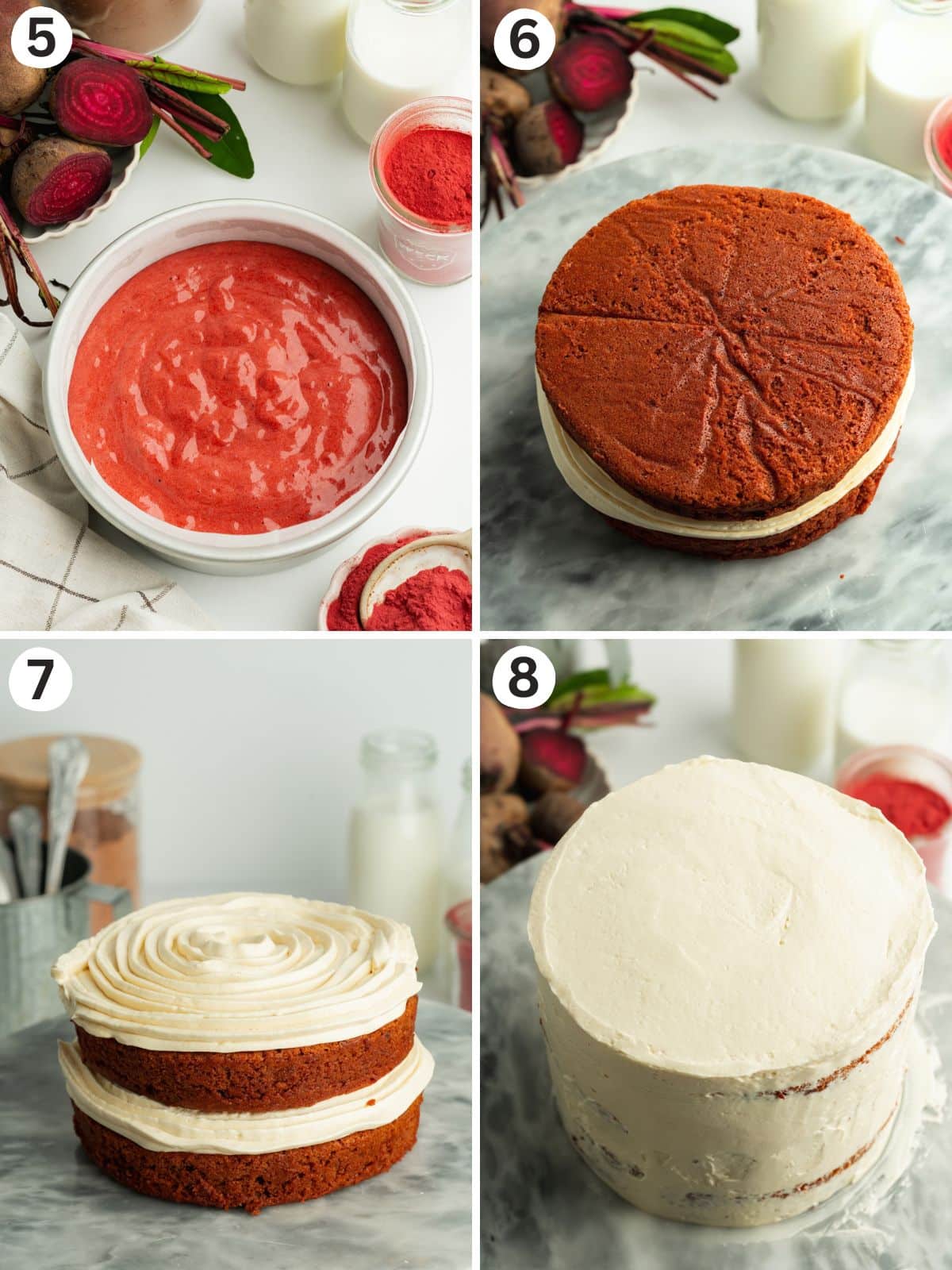assembling a red velvet cake with swiss buttercream.