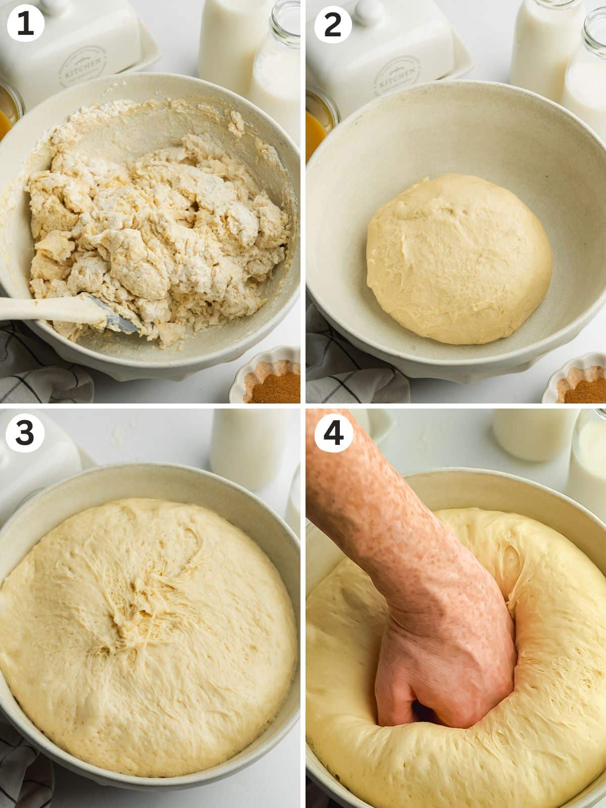 shaggy dough in a bowl, then rolled into a neat ball, then doubled after proofing, and then punching out the air with a closed fist.