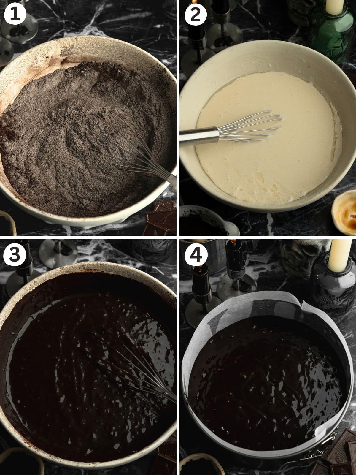 Step-by-step photo collage showing how to make a vegan black velvet cake, from mixing dry and wet ingredients to baking the chocolate sponge layers and assembling with black cocoa frosting.