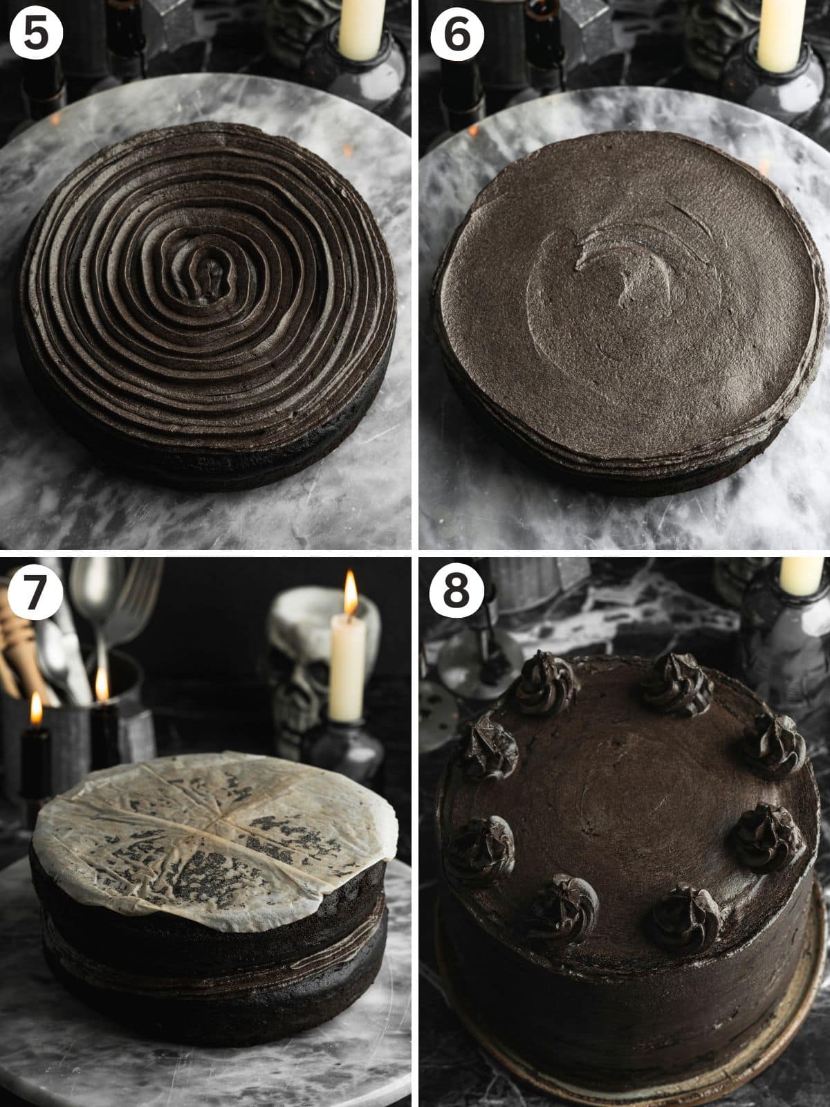 Step-by-step photos showing how to frost and assemble a vegan black velvet layer cake, including piping chocolate frosting, smoothing the sides, stacking cake layers, and decorating the top.