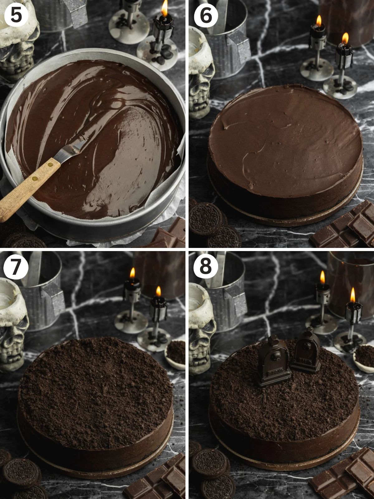 Vegan Halloween cheesecake being filled, chilled, topped with cookie crumbs, and decorated with chocolate tombstones.