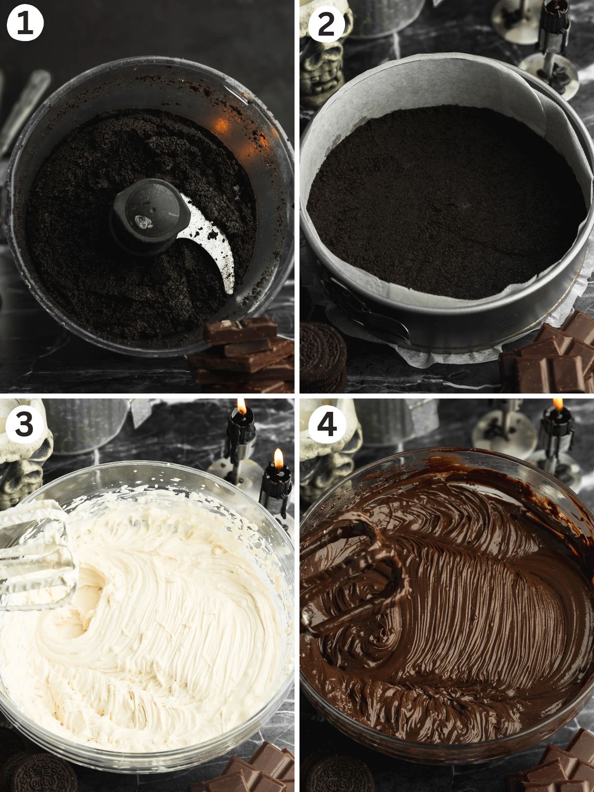 Steps for making vegan dark chocolate Halloween cheesecake with Oreo crust and creamy chocolate filling.