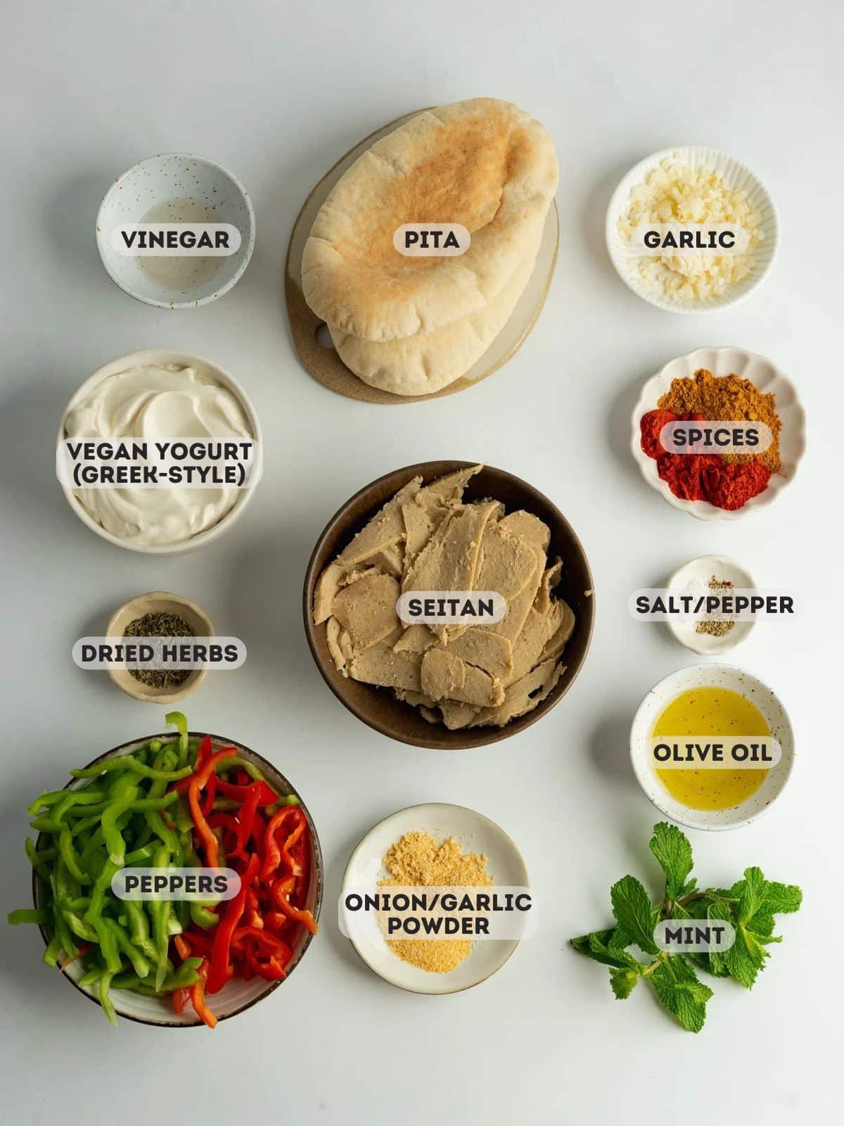 ingredients for vegan kebabs in bowls.