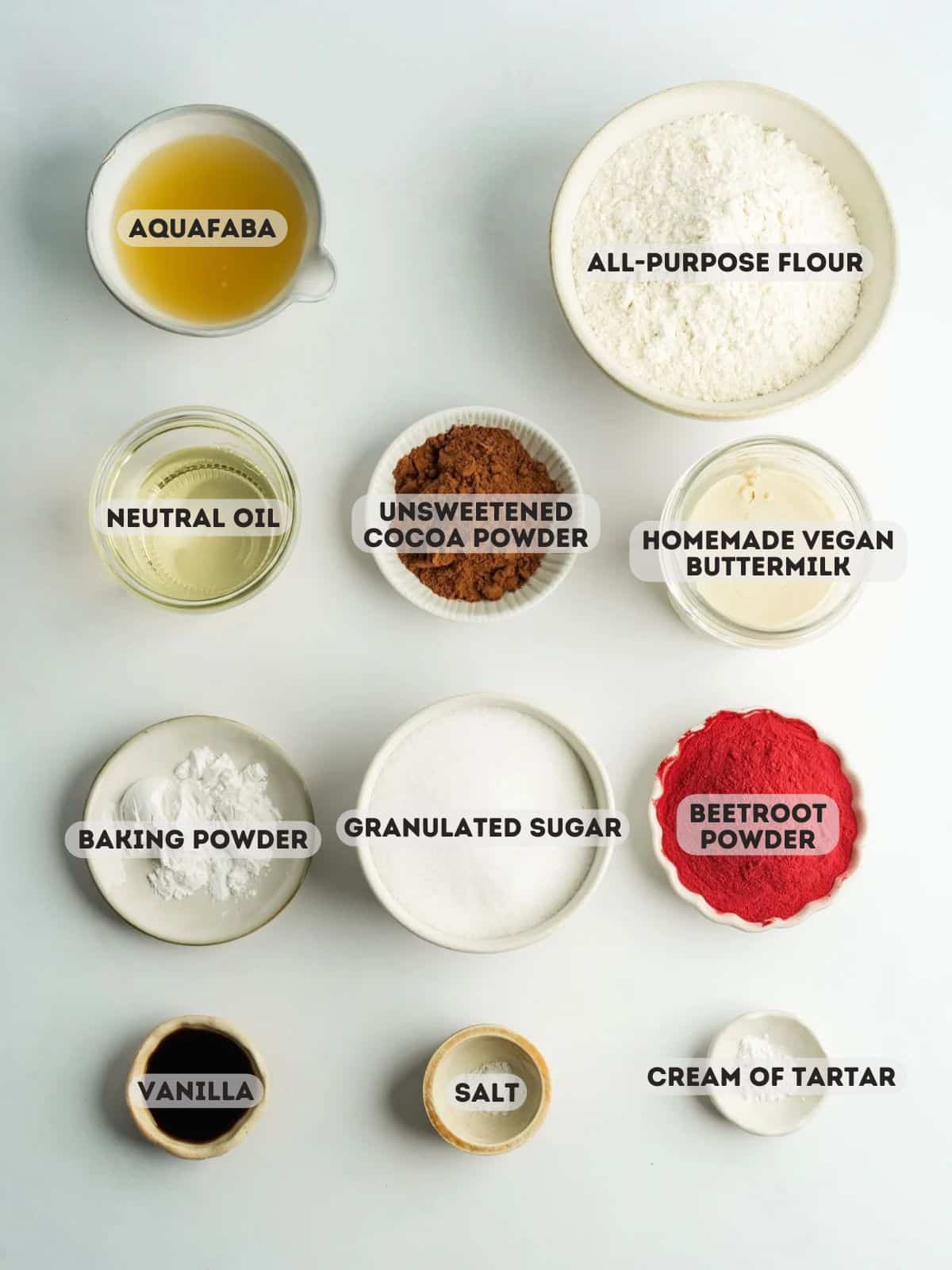 overhead shot of measured out ingredients for red velvet cake.