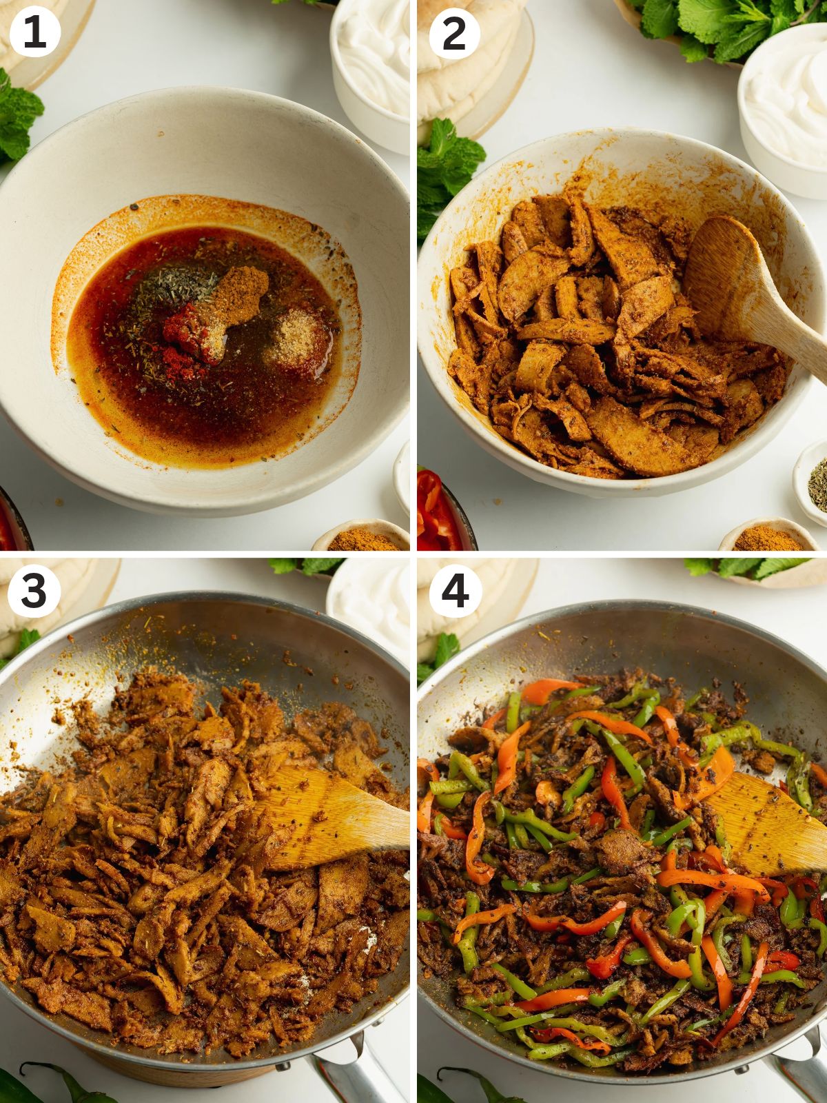 stages of marinading and frying seitan for kebab filling.